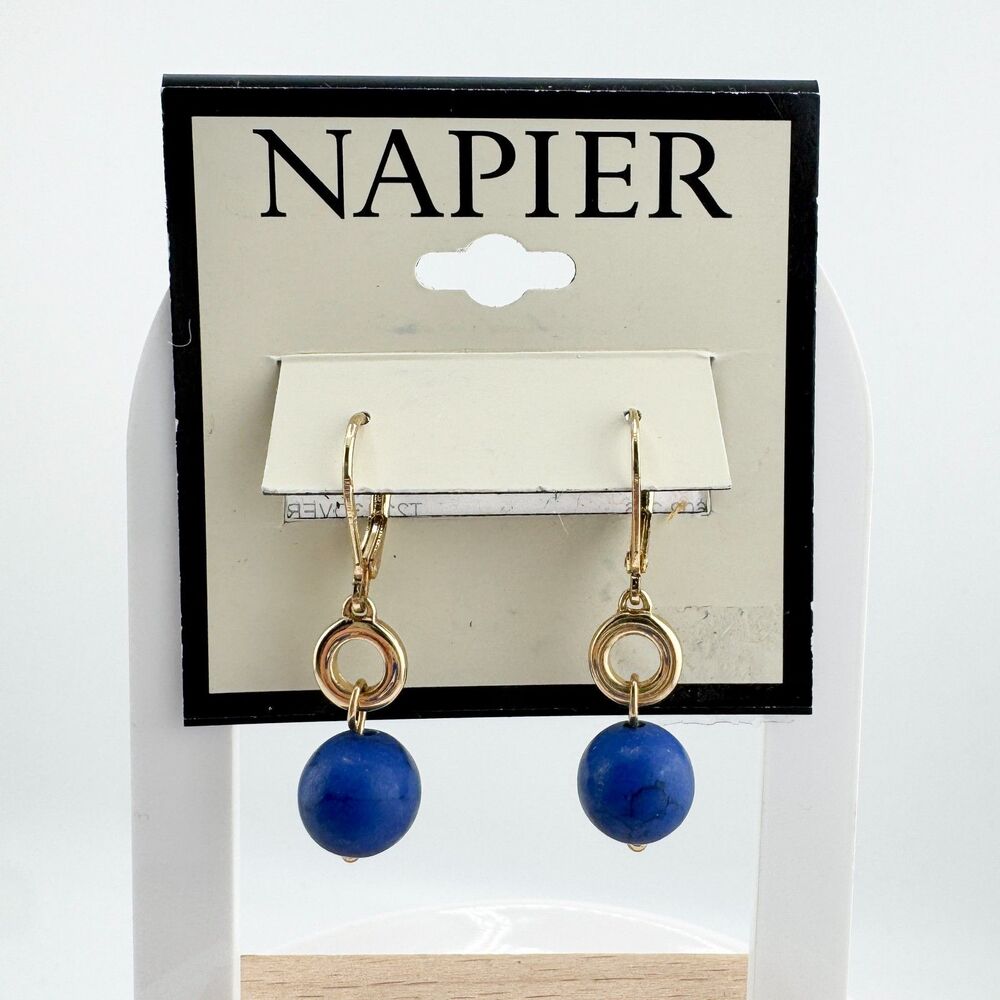 Vintage NAPIER Blue Bead Drop Earrings Gold Tone Lever Back NEW Deadstock Retro